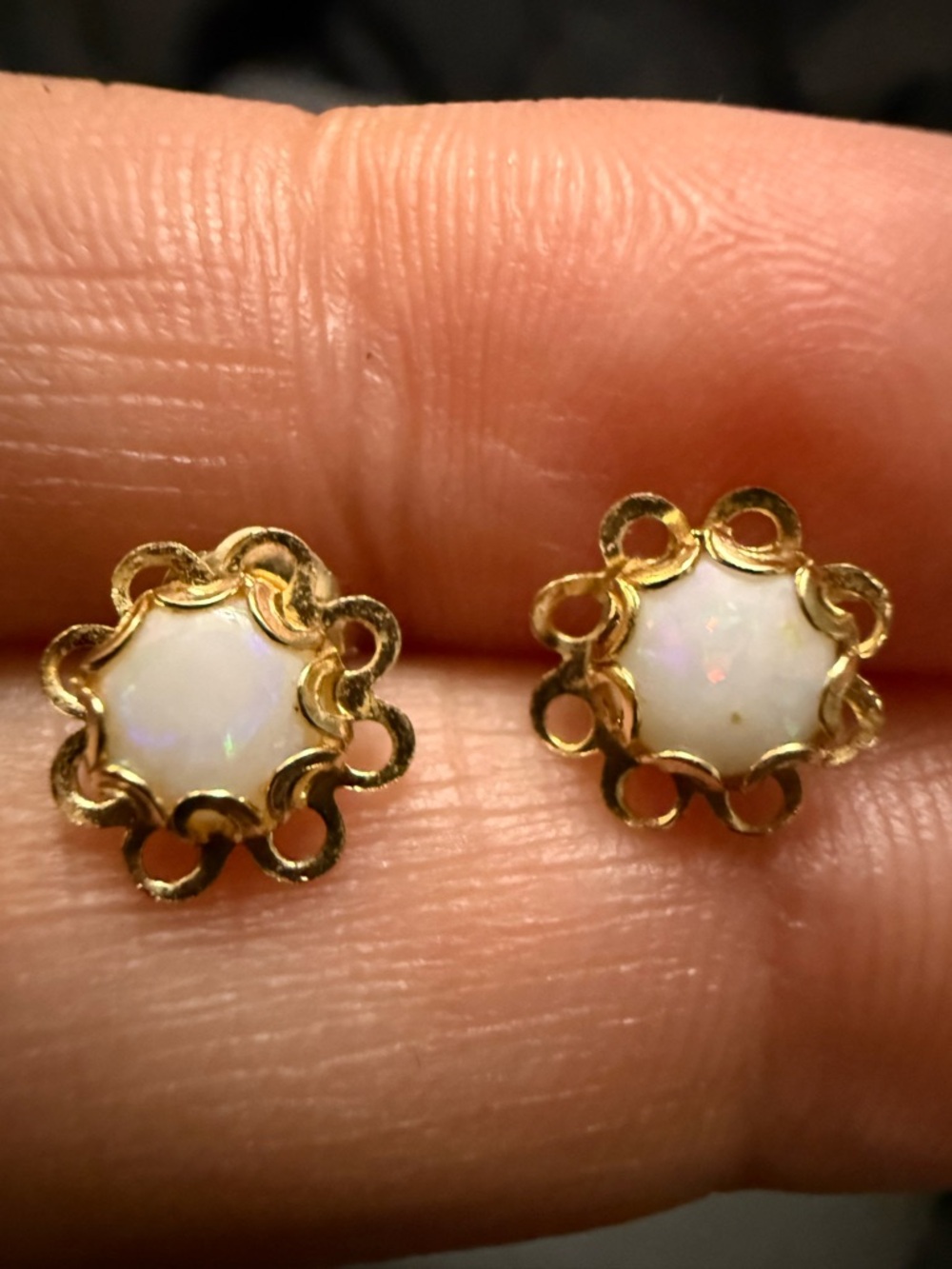 14K Gold Floral Opal Stud Earrings - Elegant White Opal Accent